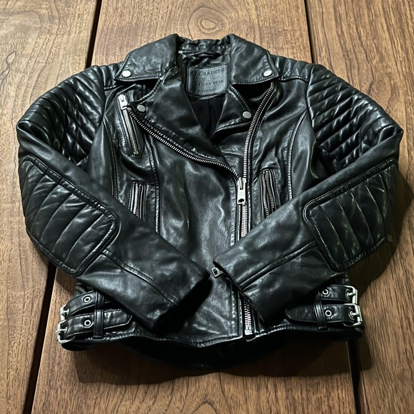 AllSaints Papin Biker Jacket Womens 0 Black Lamb Leather Moto Quilted Asym Zip
